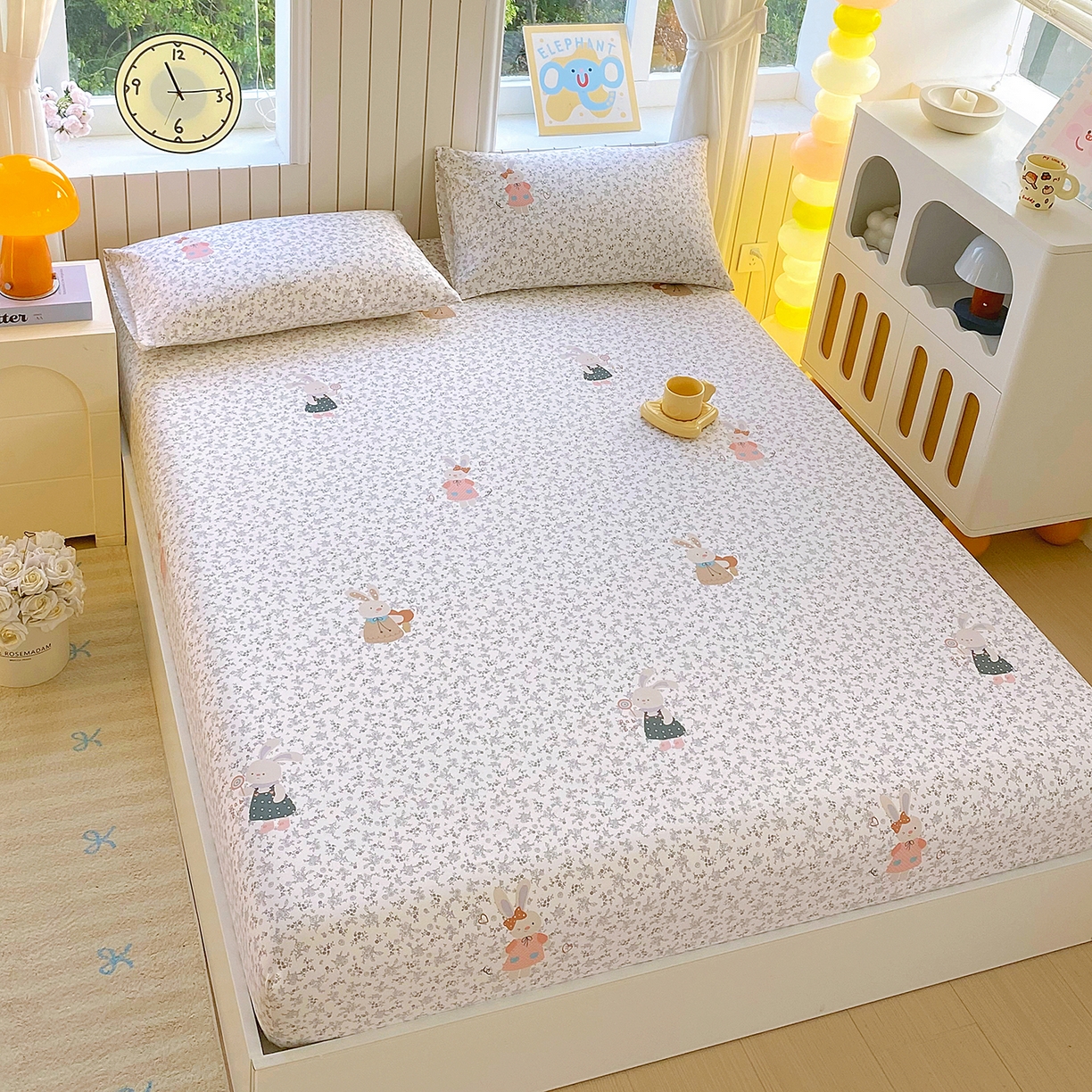 91家纺网 家纺一手货源 找家纺 悦织湾家纺 2026新款斜纹加厚水洗棉超细斜（加厚）木棉床笠-席梦思保护套 床笠-花园小兔