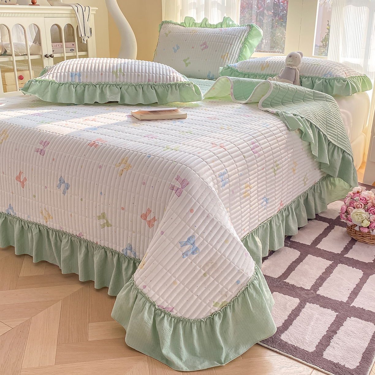 眠势力 2026新款双层纱加厚夹棉云感皱皱纱大花边床单床盖三件套四季通用 缤纷彩结【皱皱纱花边床盖】