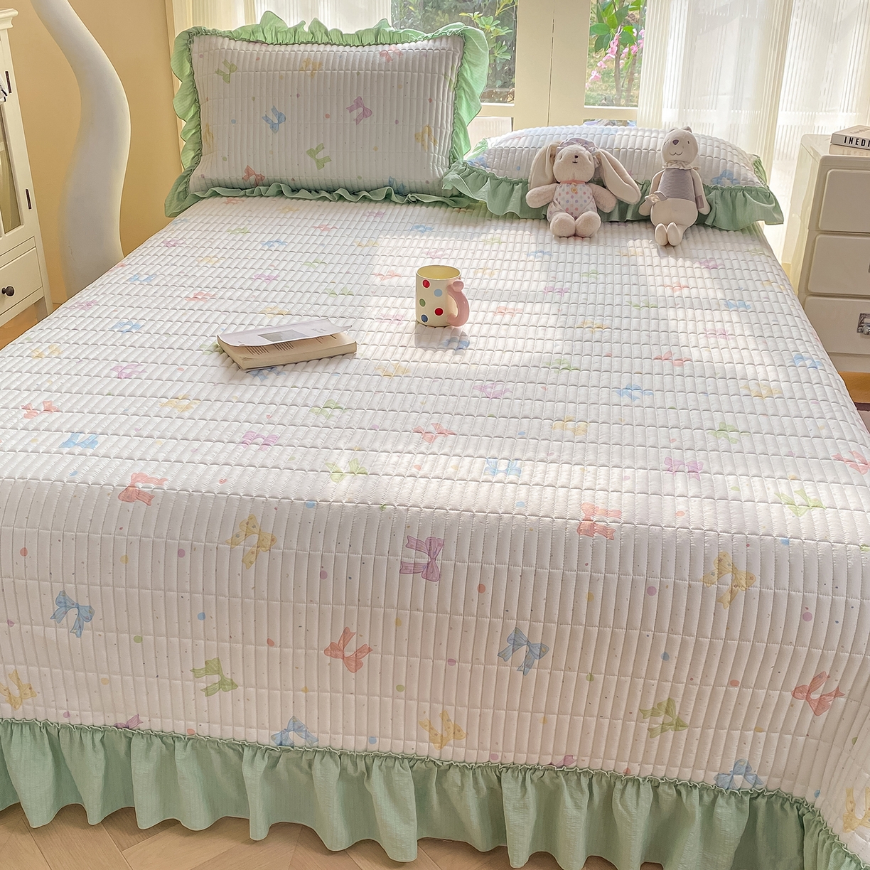 91家纺网 家纺一手货源 找家纺 眠势力 2026新款双层纱加厚夹棉云感皱皱纱大花边床单床盖三件套四季通用 缤纷彩结【皱皱纱花边床盖】