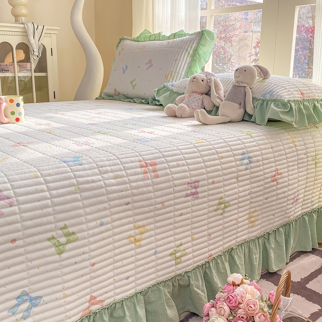 91家纺网 家纺一手货源 找家纺 眠势力 2026新款双层纱加厚夹棉云感皱皱纱大花边床单床盖三件套四季通用 缤纷彩结【皱皱纱花边床盖】