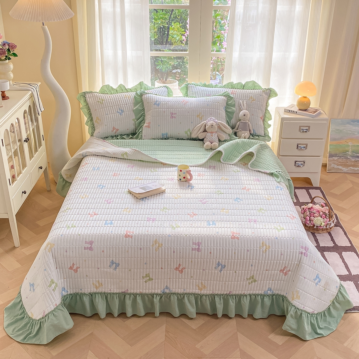 91家纺网 家纺一手货源 找家纺 眠势力 2026新款双层纱加厚夹棉云感皱皱纱大花边床单床盖三件套四季通用 缤纷彩结【皱皱纱花边床盖】