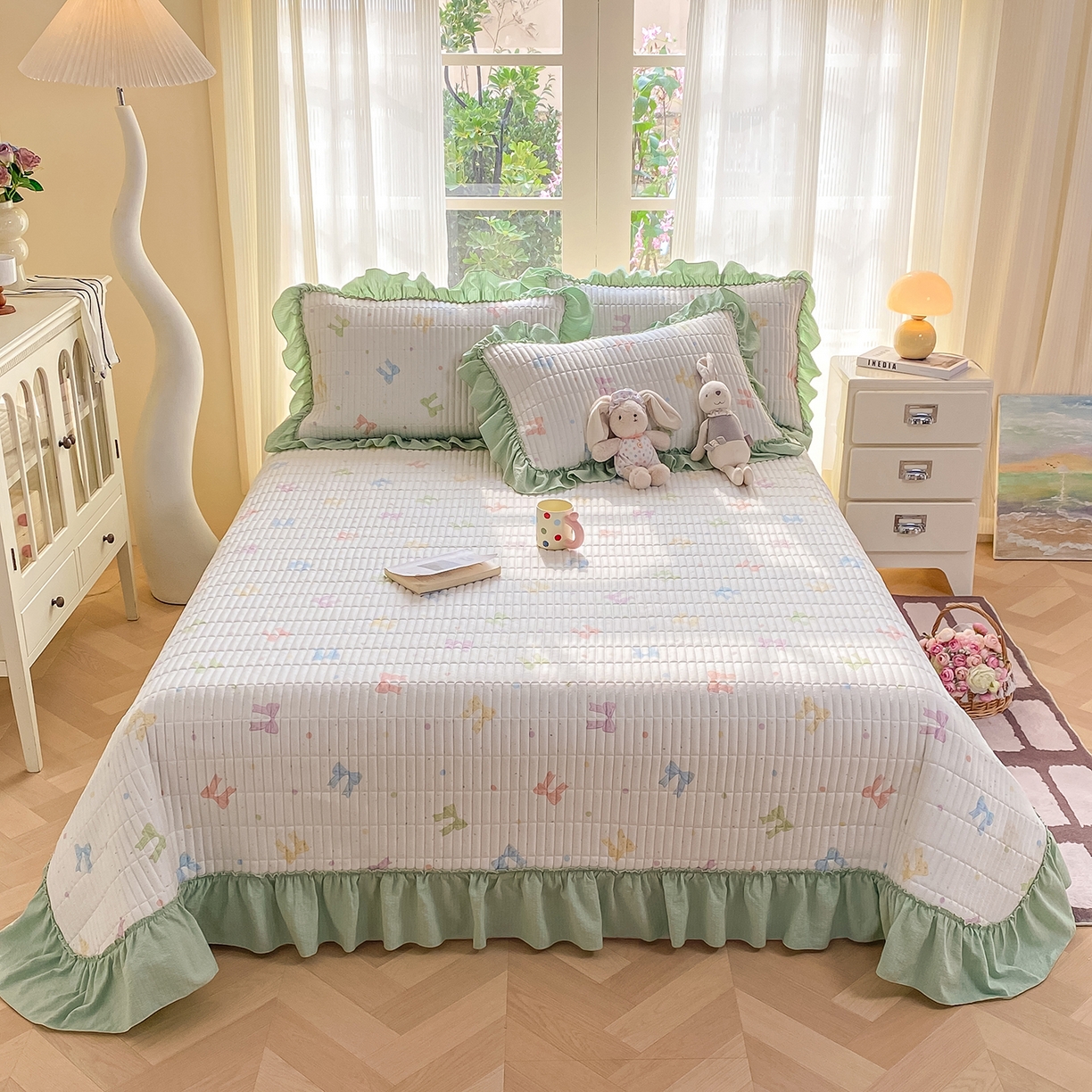 91家纺网 家纺一手货源 找家纺 眠势力 2026新款双层纱加厚夹棉云感皱皱纱大花边床单床盖三件套四季通用 缤纷彩结【皱皱纱花边床盖】