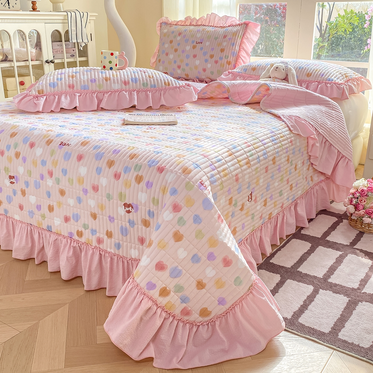 眠势力 2026新款双层纱加厚夹棉云感皱皱纱大花边床单床盖三件套四季通用 彩色心情【皱皱纱花边床盖】
