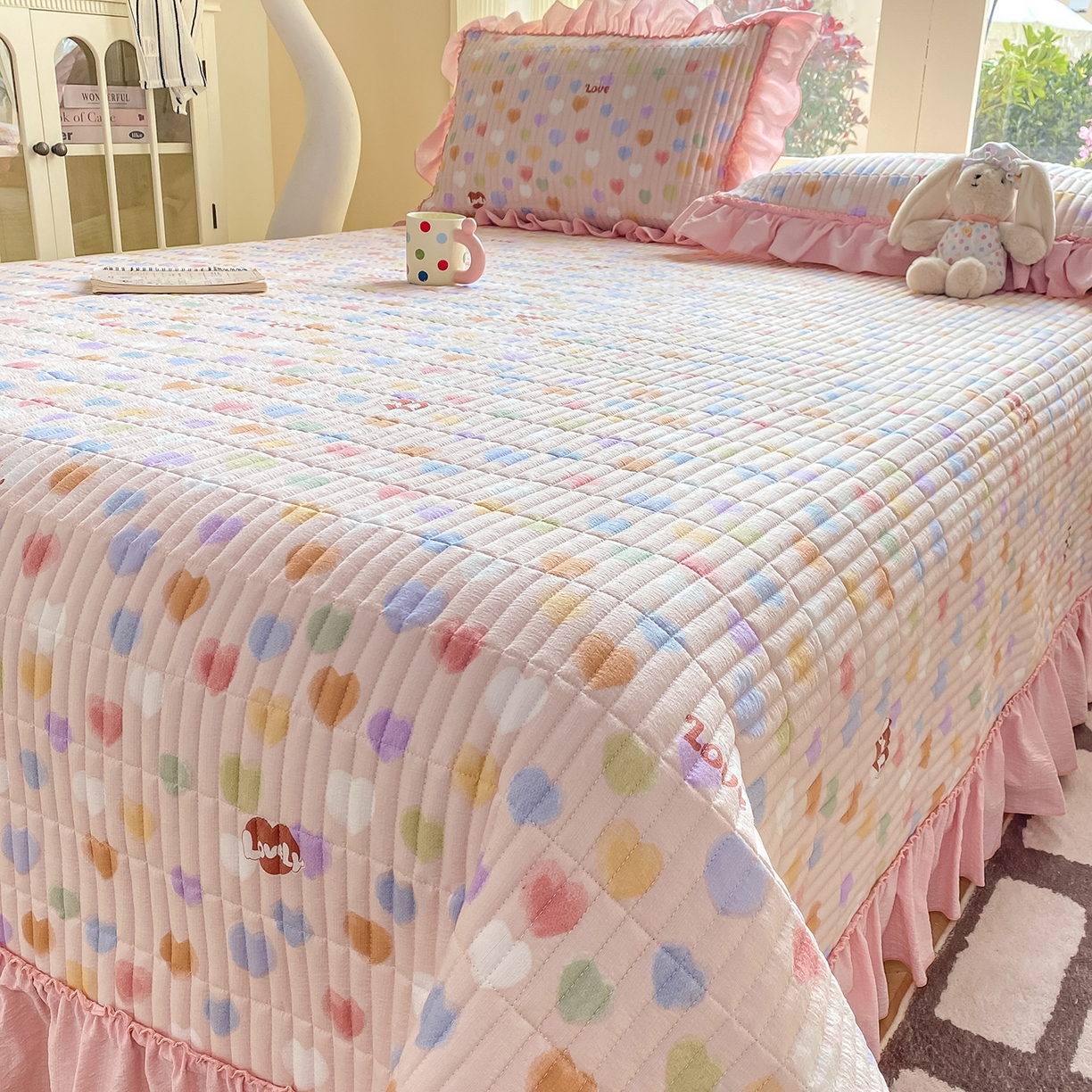 91家纺网 家纺一手货源 找家纺 眠势力 2026新款双层纱加厚夹棉云感皱皱纱大花边床单床盖三件套四季通用 彩色心情【皱皱纱花边床盖】