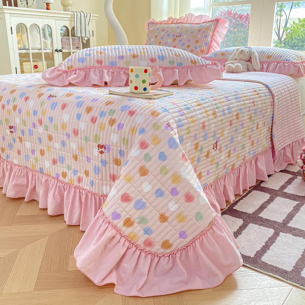 91家纺网 家纺一手货源 找家纺 眠势力 2026新款双层纱加厚夹棉云感皱皱纱大花边床单床盖三件套四季通用 彩色心情【皱皱纱花边床盖】