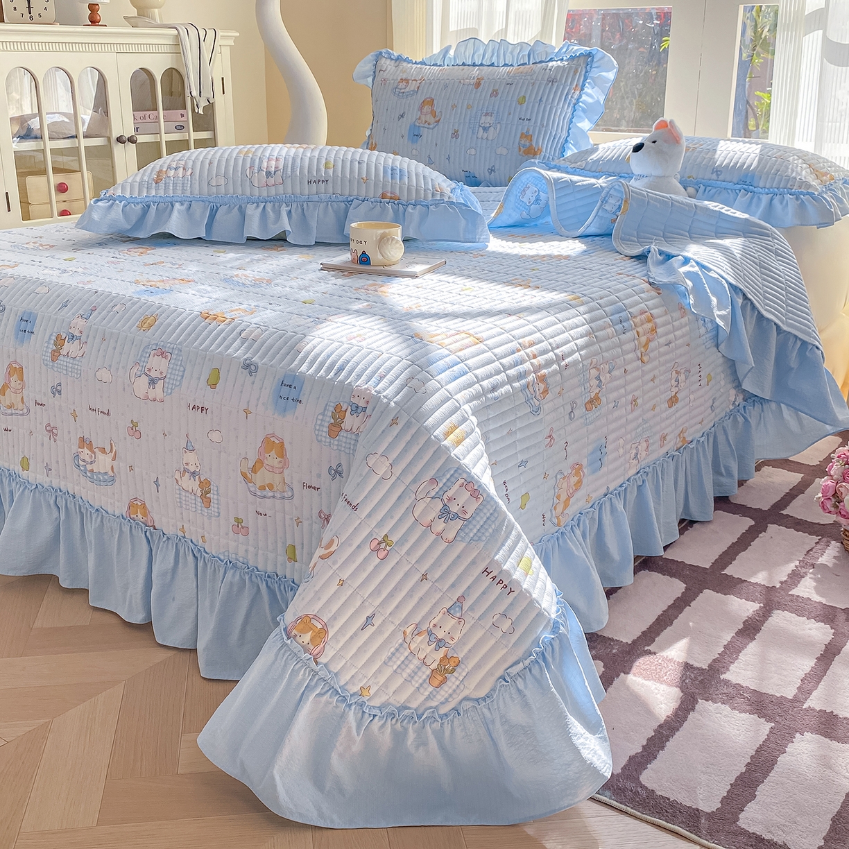 眠势力 2026新款双层纱加厚夹棉云感皱皱纱大花边床单床盖三件套四季通用 海盐奶猫【皱皱纱花边床盖】