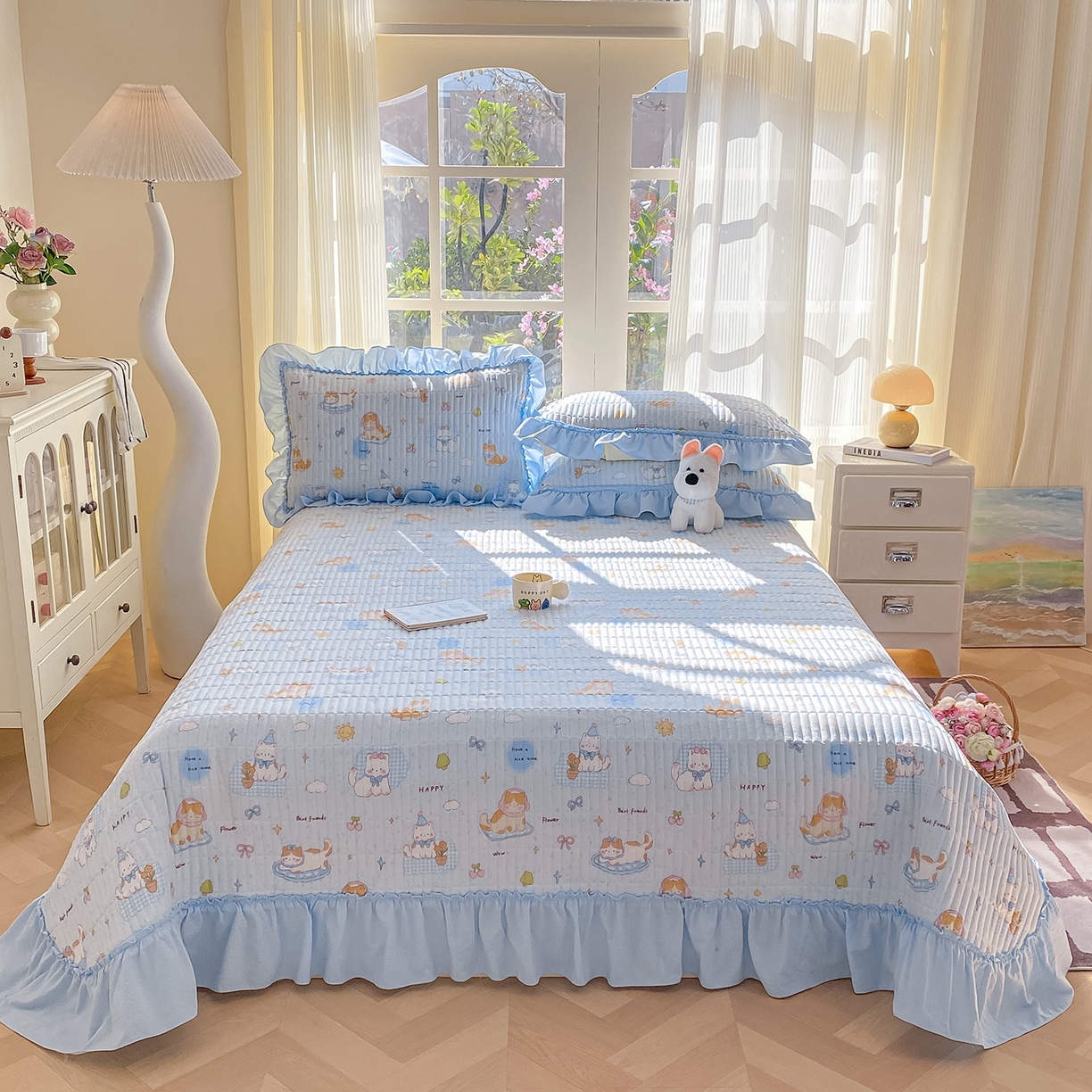 91家纺网 家纺一手货源 找家纺 眠势力 2026新款双层纱加厚夹棉云感皱皱纱大花边床单床盖三件套四季通用 海盐奶猫【皱皱纱花边床盖】