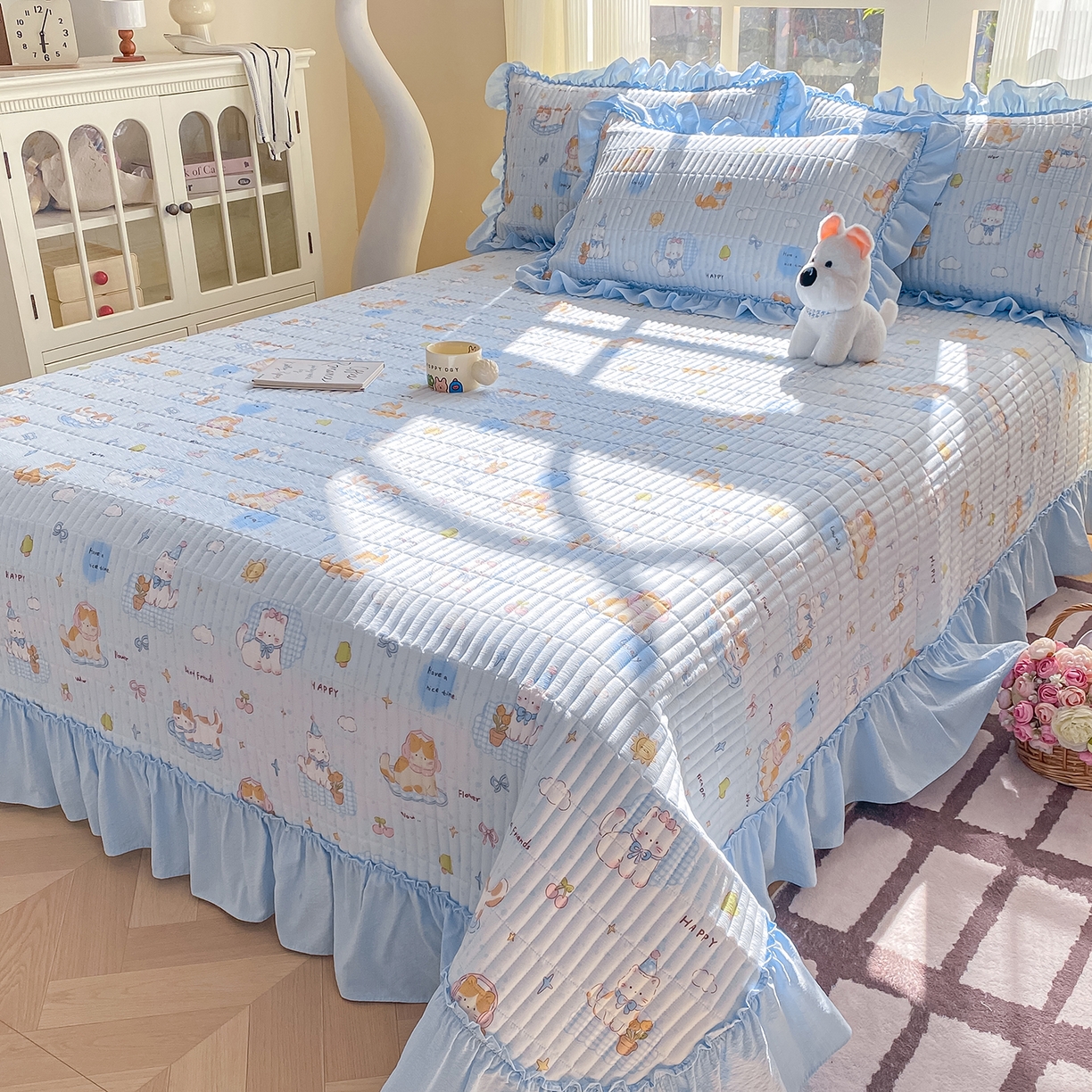 91家纺网 家纺一手货源 找家纺 眠势力 2026新款双层纱加厚夹棉云感皱皱纱大花边床单床盖三件套四季通用 海盐奶猫【皱皱纱花边床盖】