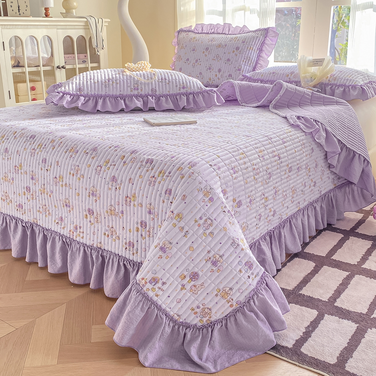 眠势力 2026新款双层纱加厚夹棉云感皱皱纱大花边床单床盖三件套四季通用 萌兔乐园【皱皱纱花边床盖】