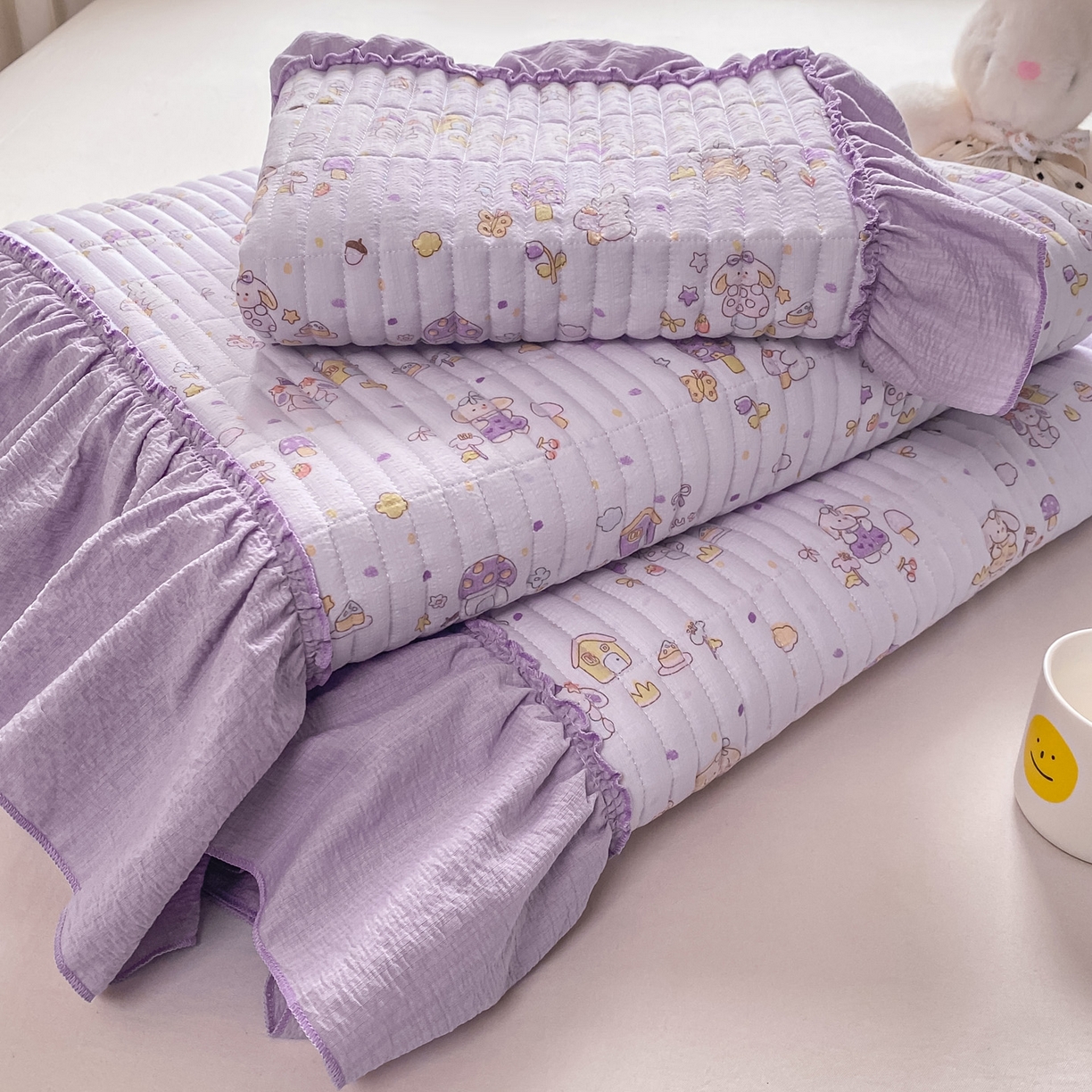 91家纺网 家纺一手货源 找家纺 眠势力 2026新款双层纱加厚夹棉云感皱皱纱大花边床单床盖三件套四季通用 萌兔乐园【皱皱纱花边床盖】