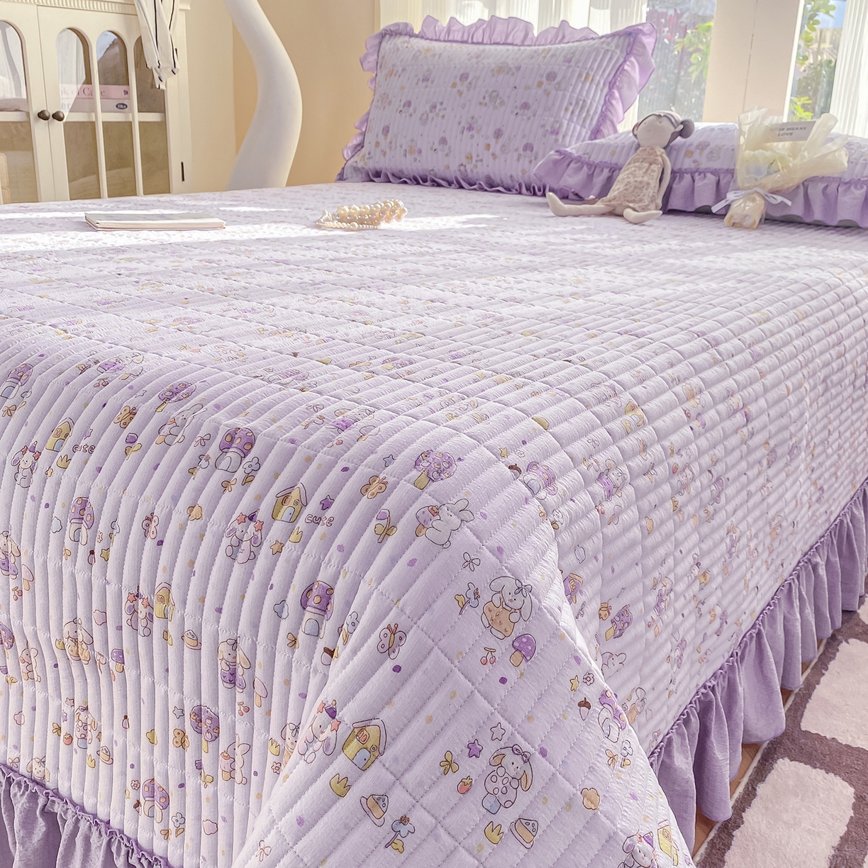 91家纺网 家纺一手货源 找家纺 眠势力 2026新款双层纱加厚夹棉云感皱皱纱大花边床单床盖三件套四季通用 萌兔乐园【皱皱纱花边床盖】