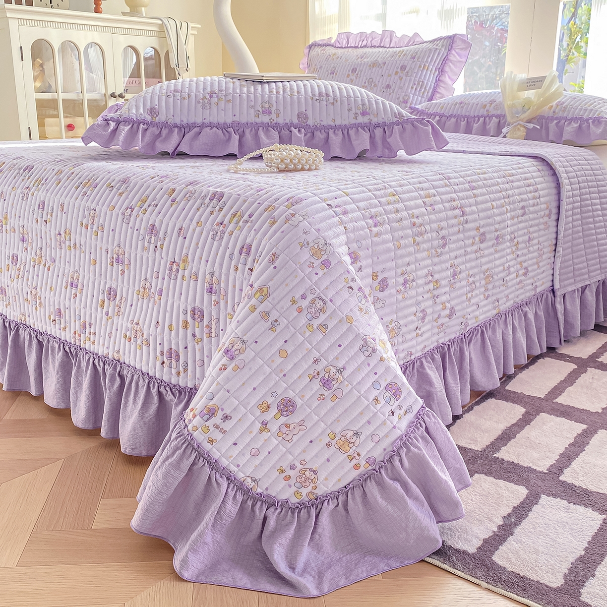 91家纺网 家纺一手货源 找家纺 眠势力 2026新款双层纱加厚夹棉云感皱皱纱大花边床单床盖三件套四季通用 萌兔乐园【皱皱纱花边床盖】