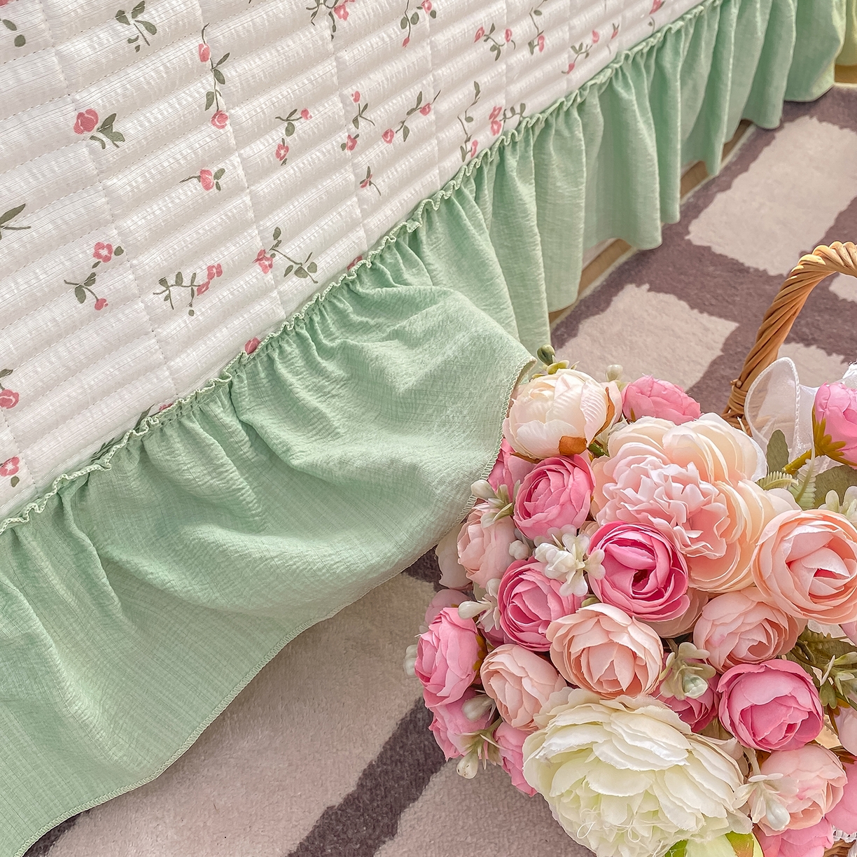 91家纺网 家纺一手货源 找家纺 眠势力 2026新款双层纱加厚夹棉云感皱皱纱大花边床单床盖三件套四季通用 青樱兔语【皱皱纱花边床盖】