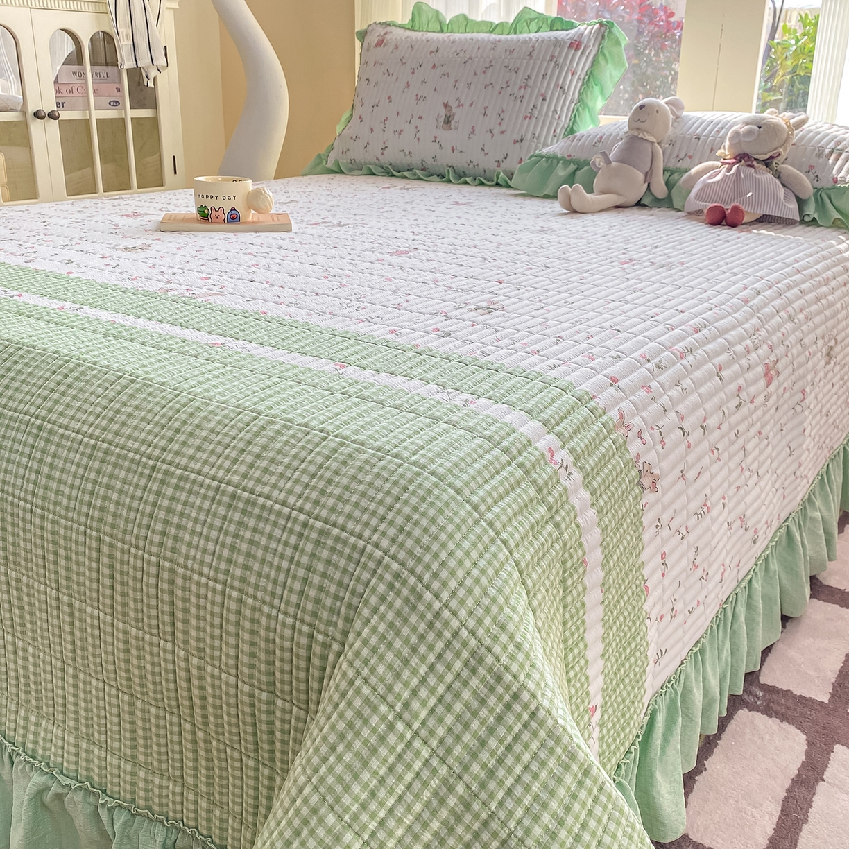 91家纺网 家纺一手货源 找家纺 眠势力 2026新款双层纱加厚夹棉云感皱皱纱大花边床单床盖三件套四季通用 青樱兔语【皱皱纱花边床盖】