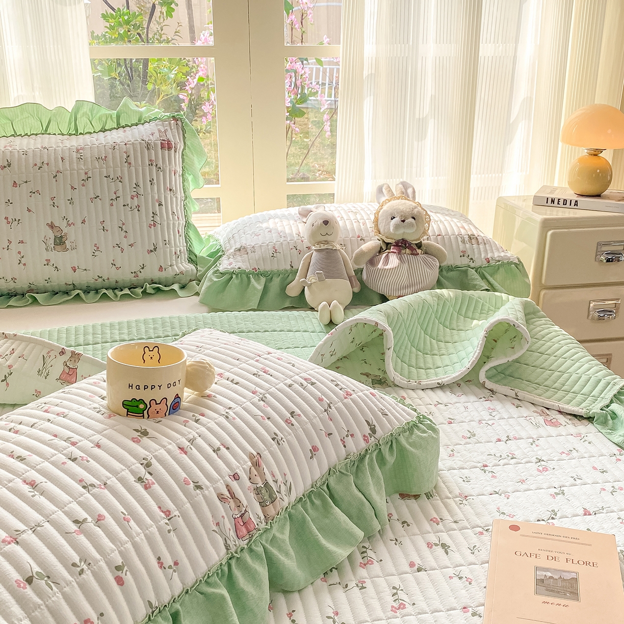 91家纺网 家纺一手货源 找家纺 眠势力 2026新款双层纱加厚夹棉云感皱皱纱大花边床单床盖三件套四季通用 青樱兔语【皱皱纱花边床盖】