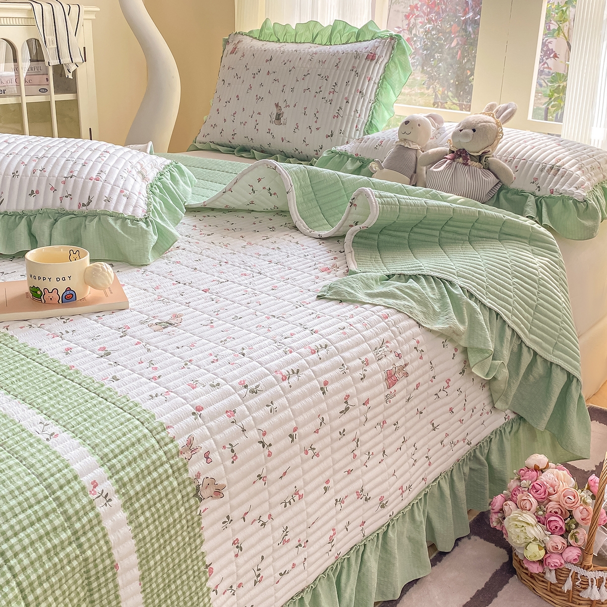 91家纺网 家纺一手货源 找家纺 眠势力 2026新款双层纱加厚夹棉云感皱皱纱大花边床单床盖三件套四季通用 青樱兔语【皱皱纱花边床盖】