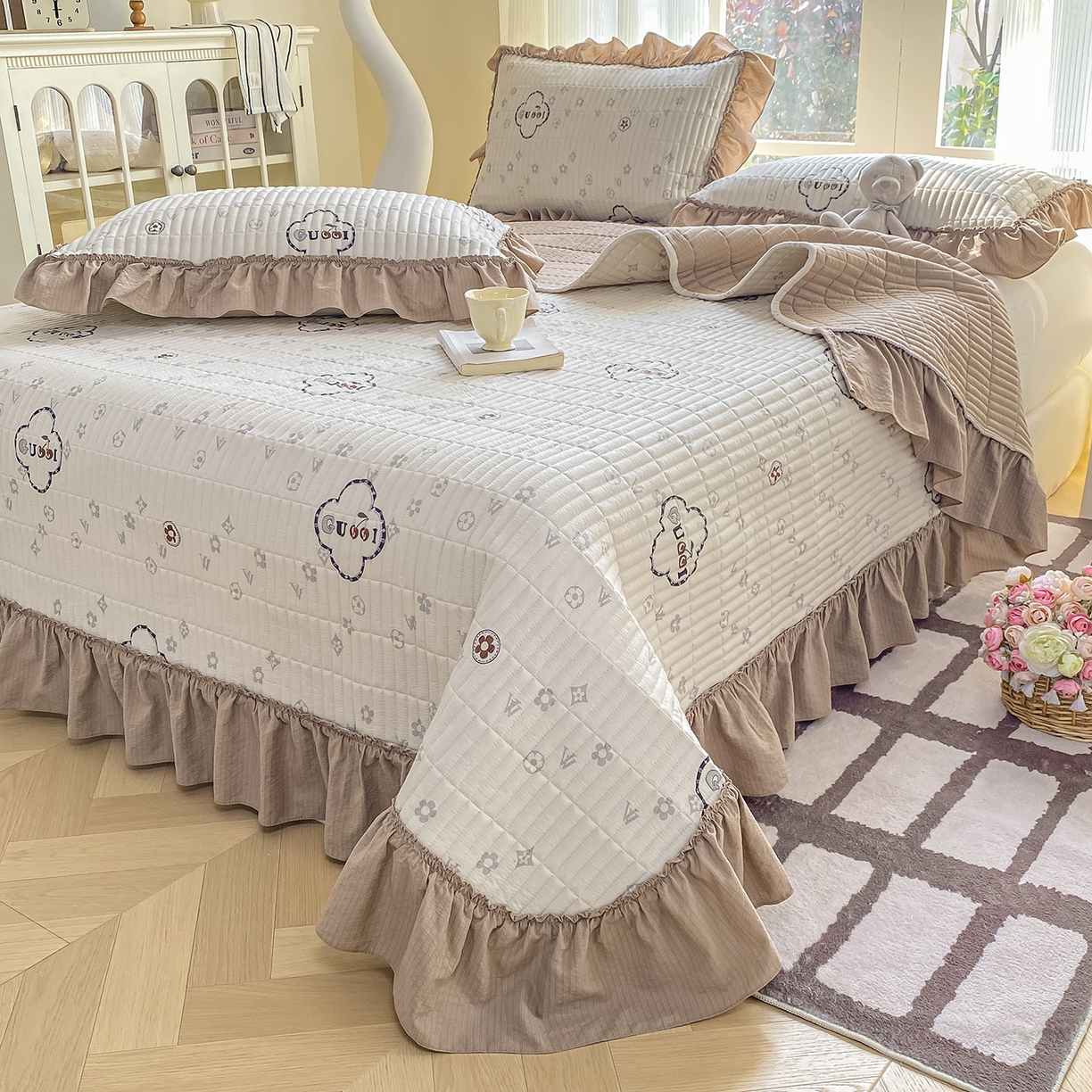 眠势力 2026新款双层纱加厚夹棉云感皱皱纱大花边床单床盖三件套四季通用 向云端【皱皱纱花边床盖】