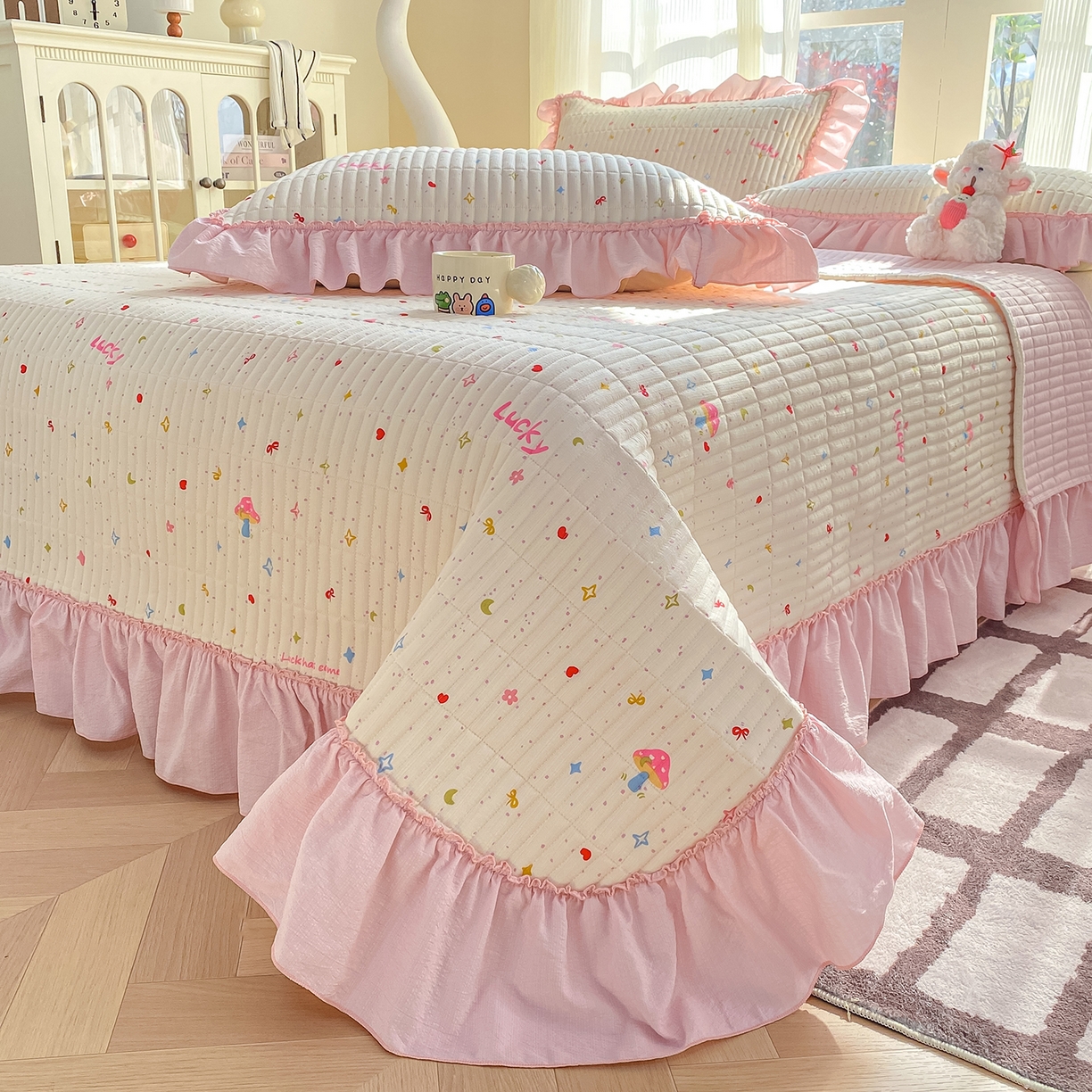 91家纺网 家纺一手货源 找家纺 眠势力 2026新款双层纱加厚夹棉云感皱皱纱大花边床单床盖三件套四季通用 星梦甜心【皱皱纱花边床盖】