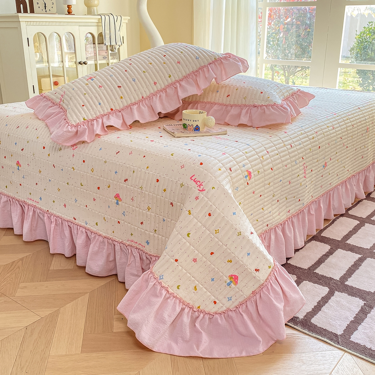 91家纺网 家纺一手货源 找家纺 眠势力 2026新款双层纱加厚夹棉云感皱皱纱大花边床单床盖三件套四季通用 星梦甜心【皱皱纱花边床盖】