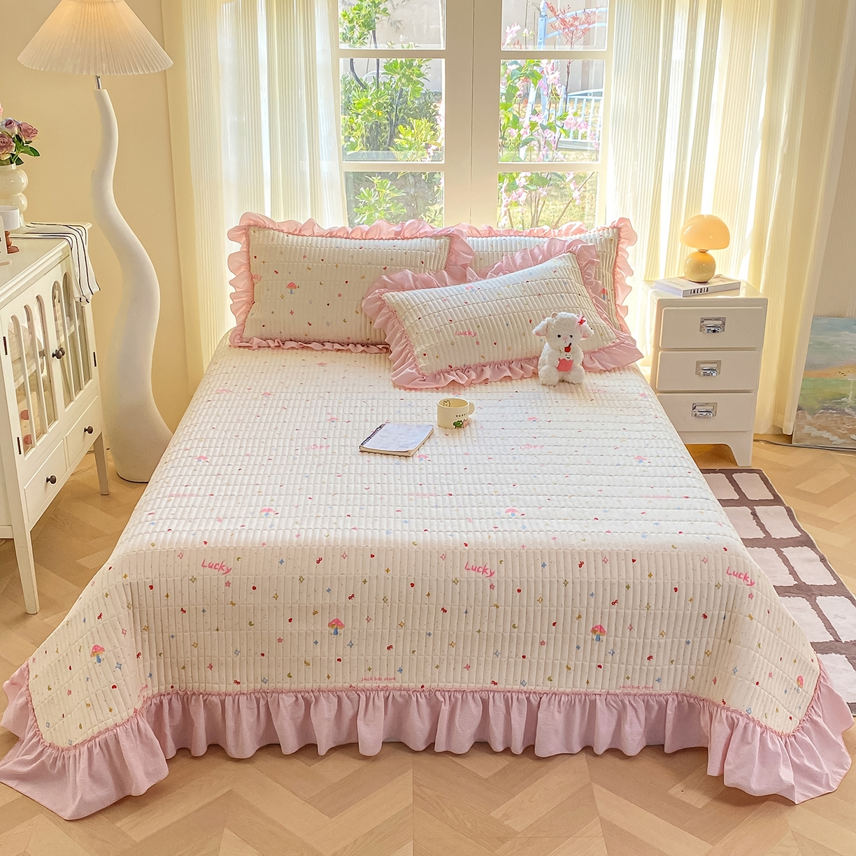 91家纺网 家纺一手货源 找家纺 眠势力 2026新款双层纱加厚夹棉云感皱皱纱大花边床单床盖三件套四季通用 星梦甜心【皱皱纱花边床盖】