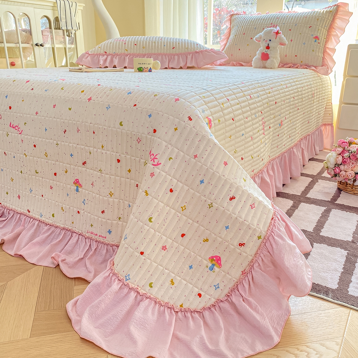 91家纺网 家纺一手货源 找家纺 眠势力 2026新款双层纱加厚夹棉云感皱皱纱大花边床单床盖三件套四季通用 星梦甜心【皱皱纱花边床盖】