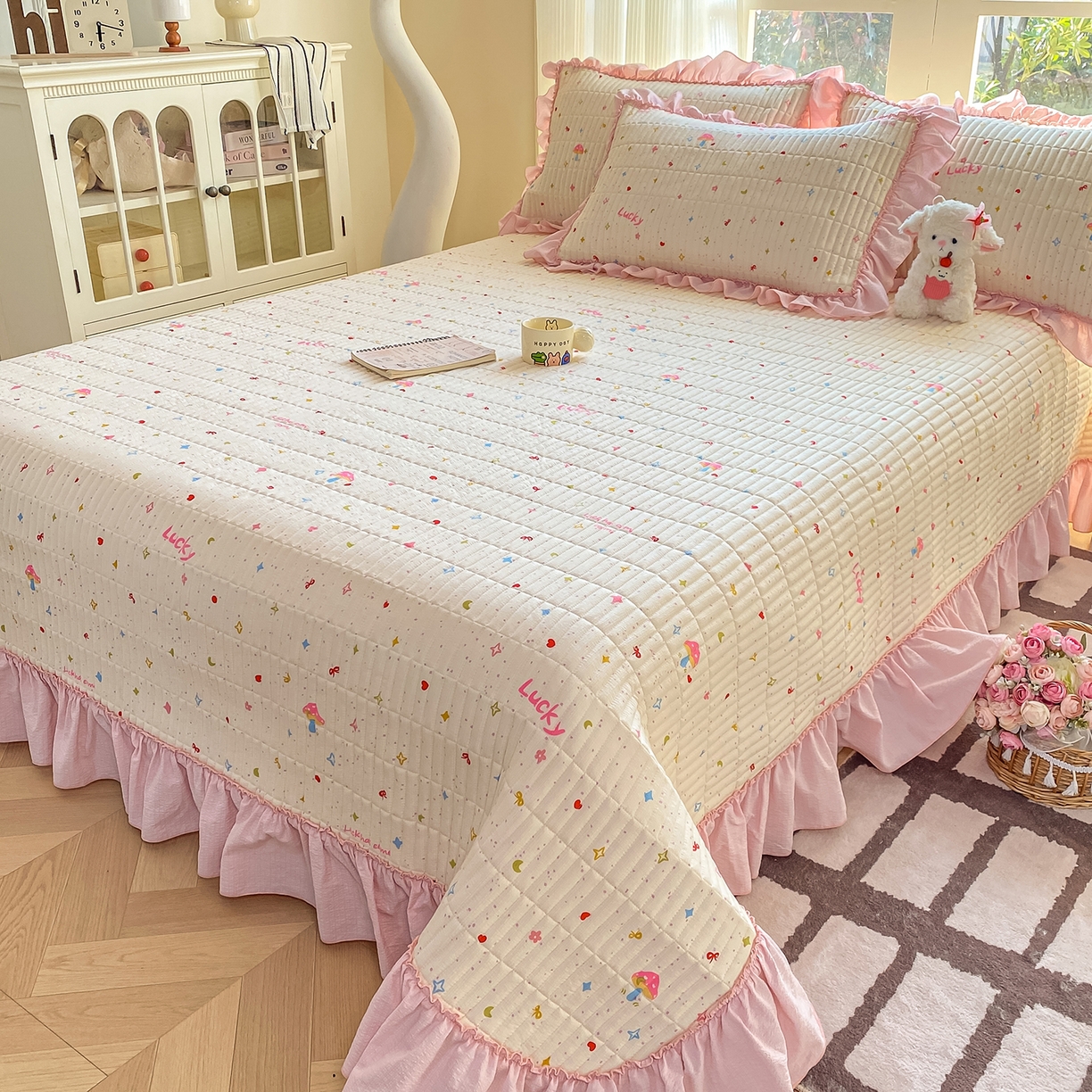 91家纺网 家纺一手货源 找家纺 眠势力 2026新款双层纱加厚夹棉云感皱皱纱大花边床单床盖三件套四季通用 星梦甜心【皱皱纱花边床盖】