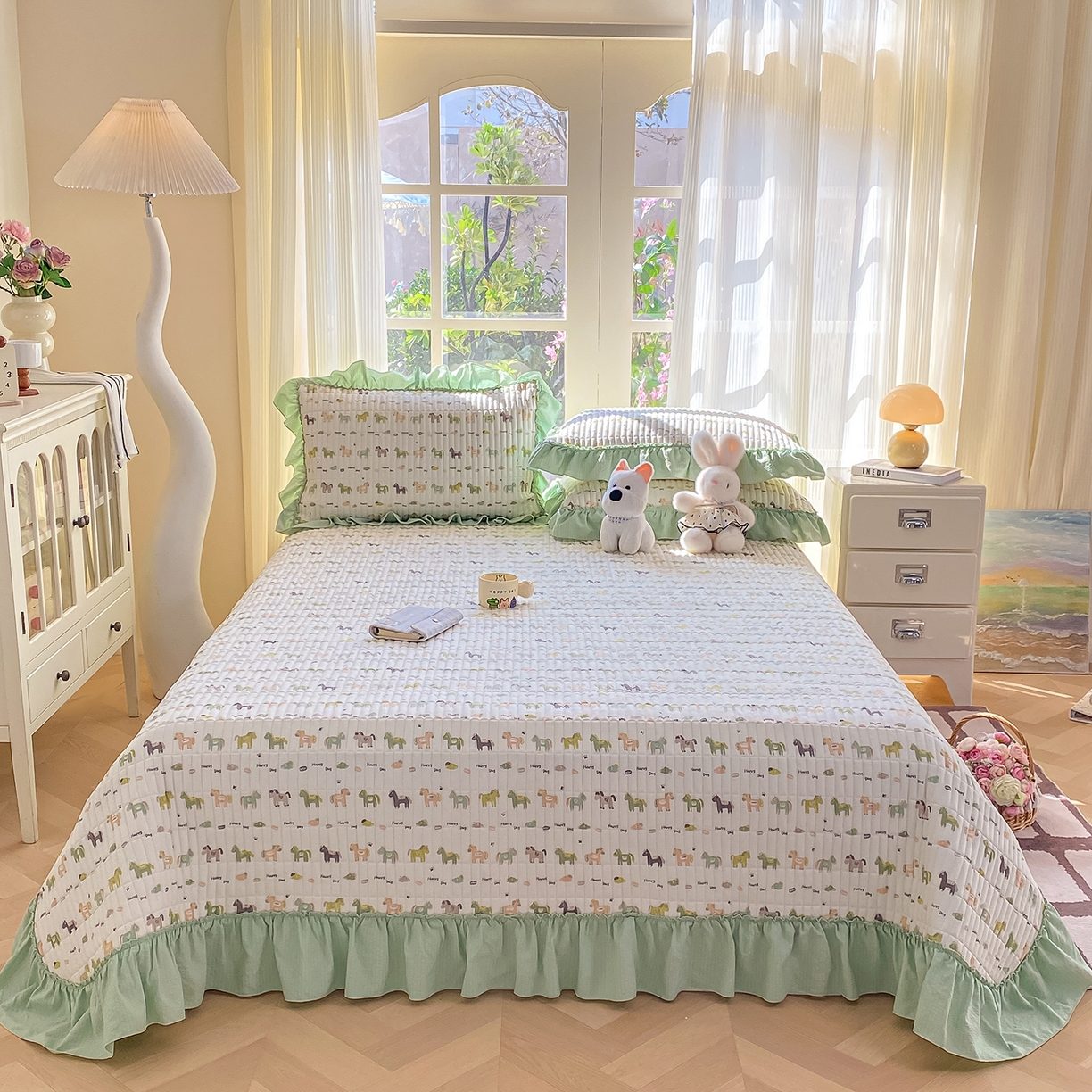 91家纺网 家纺一手货源 找家纺 眠势力 2026新款双层纱加厚夹棉云感皱皱纱大花边床单床盖三件套四季通用 幸运小马【皱皱纱花边床盖】