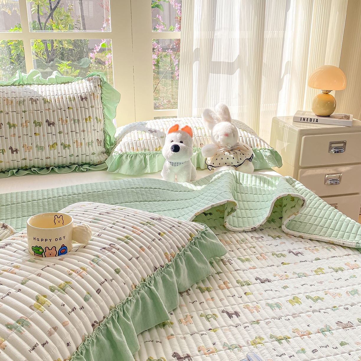 91家纺网 家纺一手货源 找家纺 眠势力 2026新款双层纱加厚夹棉云感皱皱纱大花边床单床盖三件套四季通用 幸运小马【皱皱纱花边床盖】