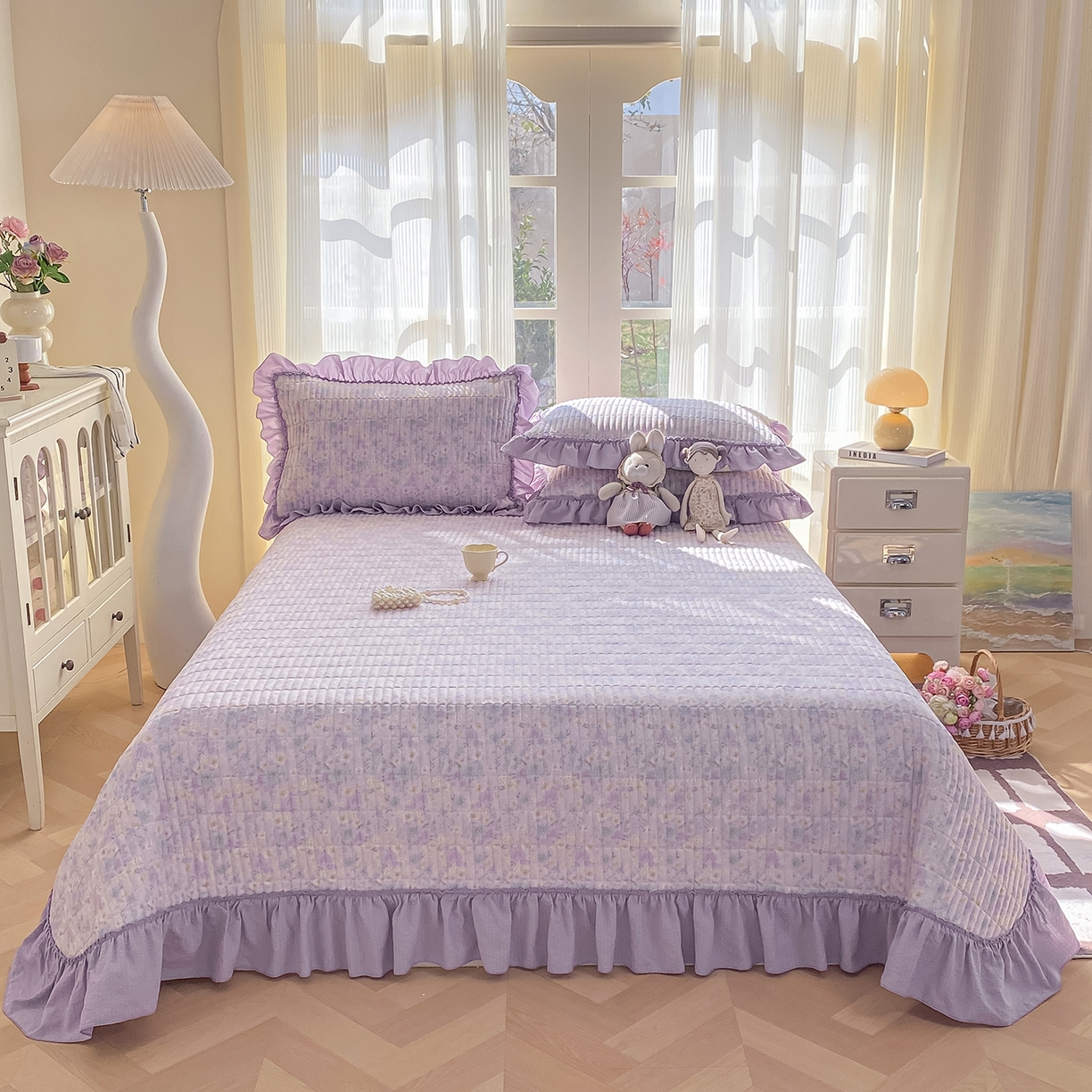 91家纺网 家纺一手货源 找家纺 眠势力 2026新款双层纱加厚夹棉云感皱皱纱大花边床单床盖三件套四季通用 紫雾花汀【皱皱纱花边床盖】