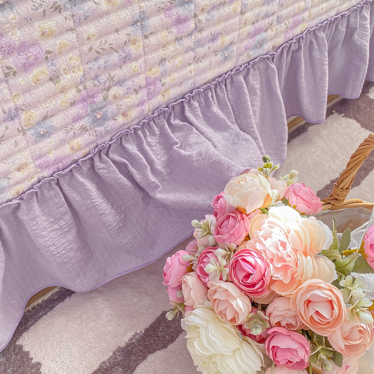 91家纺网 家纺一手货源 找家纺 眠势力 2026新款双层纱加厚夹棉云感皱皱纱大花边床单床盖三件套四季通用 紫雾花汀【皱皱纱花边床盖】