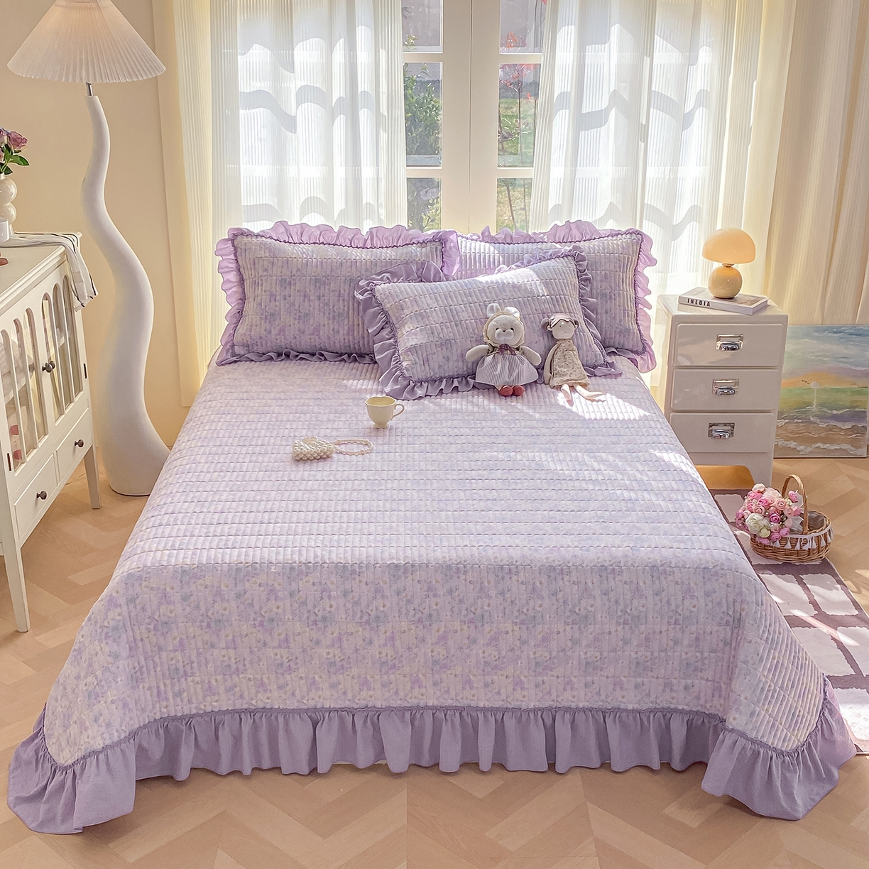 91家纺网 家纺一手货源 找家纺 眠势力 2026新款双层纱加厚夹棉云感皱皱纱大花边床单床盖三件套四季通用 紫雾花汀【皱皱纱花边床盖】