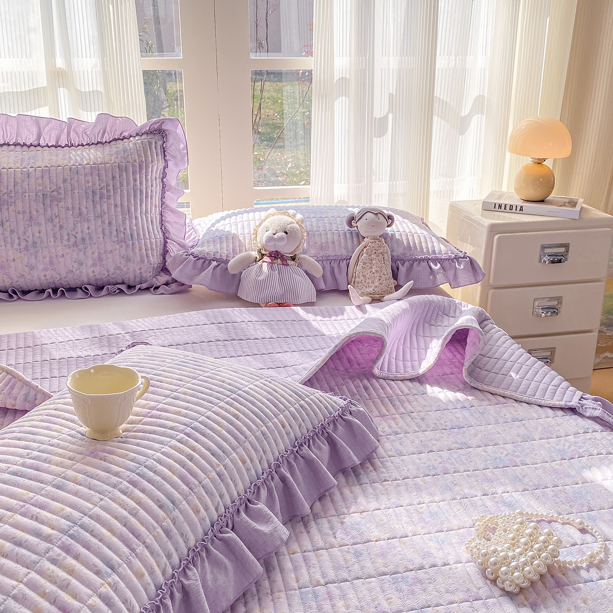 91家纺网 家纺一手货源 找家纺 眠势力 2026新款双层纱加厚夹棉云感皱皱纱大花边床单床盖三件套四季通用 紫雾花汀【皱皱纱花边床盖】