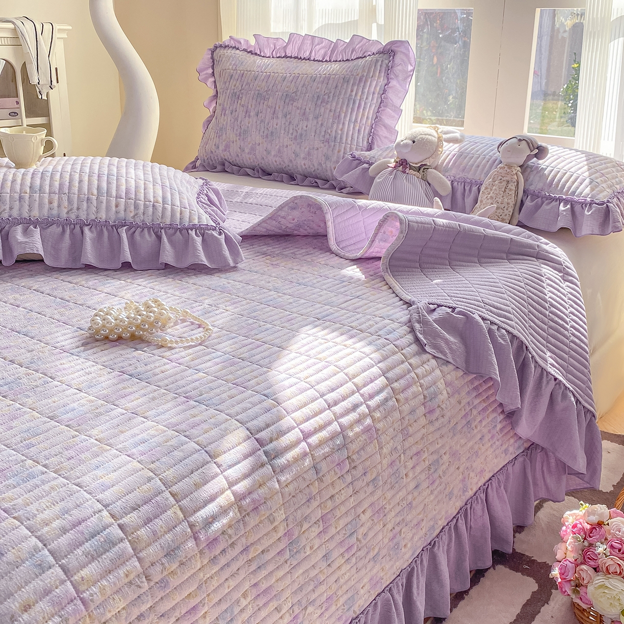 91家纺网 家纺一手货源 找家纺 眠势力 2026新款双层纱加厚夹棉云感皱皱纱大花边床单床盖三件套四季通用 紫雾花汀【皱皱纱花边床盖】