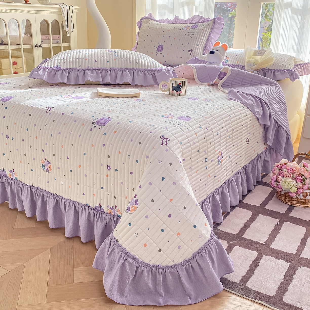 眠势力 2026新款双层纱加厚夹棉云感皱皱纱大花边床单床盖三件套四季通用 紫芋南瓜【皱皱纱花边床盖】