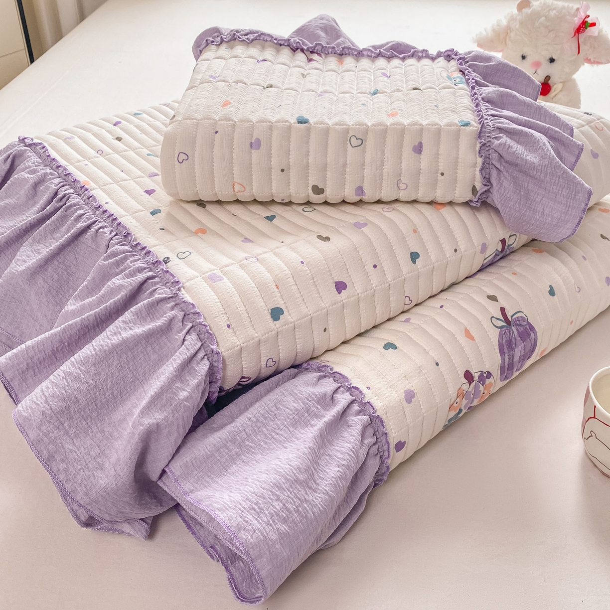 91家纺网 家纺一手货源 找家纺 眠势力 2026新款双层纱加厚夹棉云感皱皱纱大花边床单床盖三件套四季通用 紫芋南瓜【皱皱纱花边床盖】