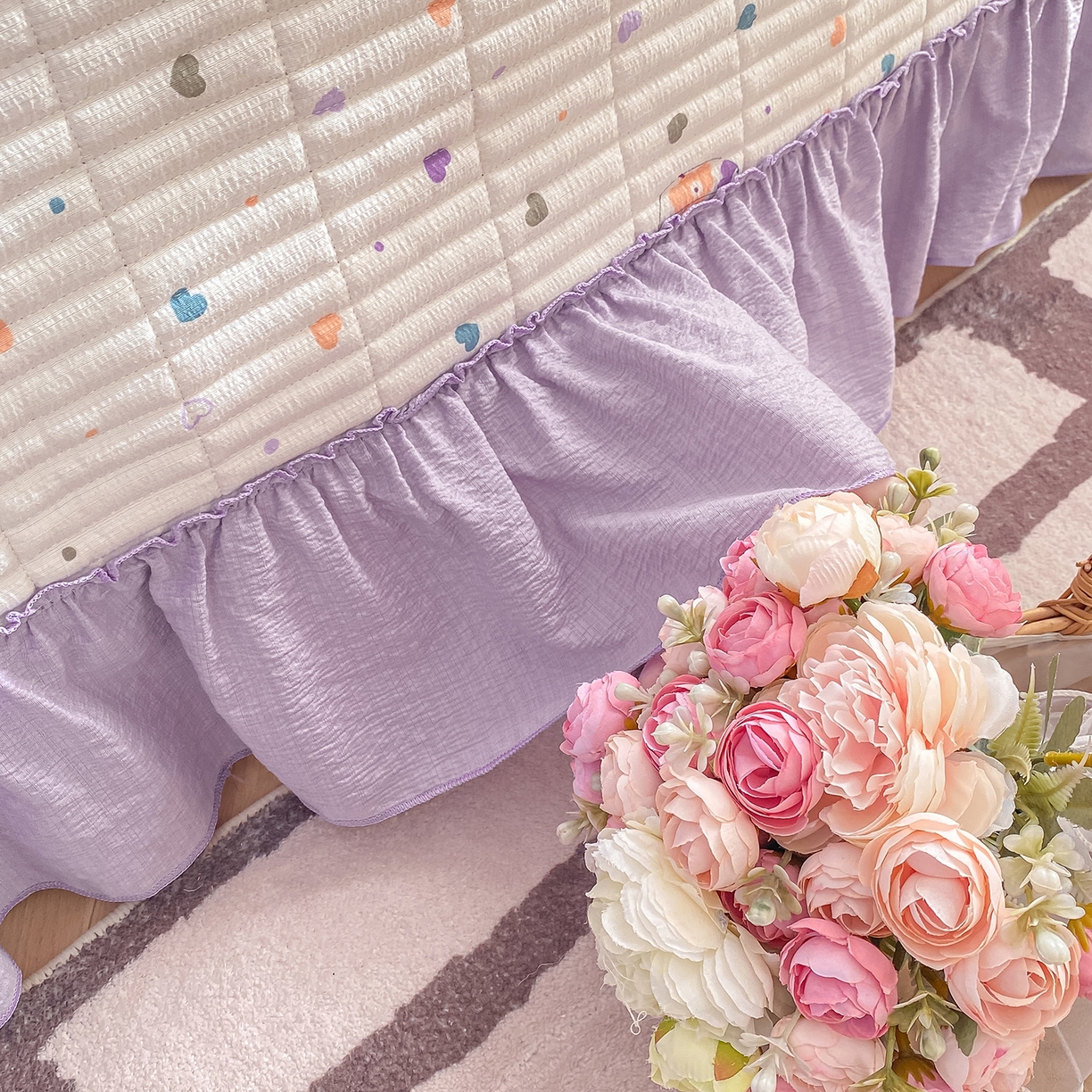 91家纺网 家纺一手货源 找家纺 眠势力 2026新款双层纱加厚夹棉云感皱皱纱大花边床单床盖三件套四季通用 紫芋南瓜【皱皱纱花边床盖】