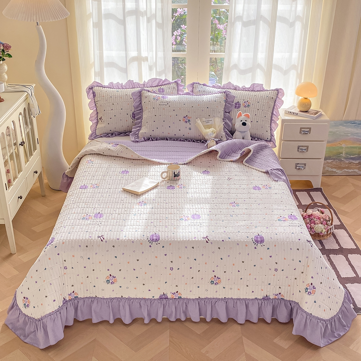 91家纺网 家纺一手货源 找家纺 眠势力 2026新款双层纱加厚夹棉云感皱皱纱大花边床单床盖三件套四季通用 紫芋南瓜【皱皱纱花边床盖】