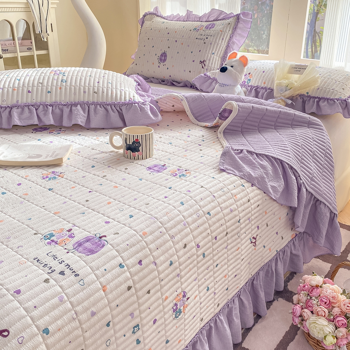 91家纺网 家纺一手货源 找家纺 眠势力 2026新款双层纱加厚夹棉云感皱皱纱大花边床单床盖三件套四季通用 紫芋南瓜【皱皱纱花边床盖】