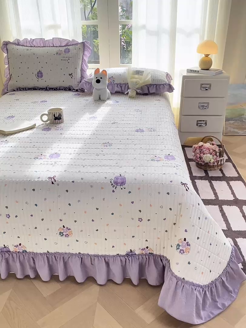 91家纺网 家纺一手货源 找家纺 眠势力 2026新款双层纱加厚夹棉云感皱皱纱大花边床单床盖三件套四季通用 紫芋南瓜【皱皱纱花边床盖】