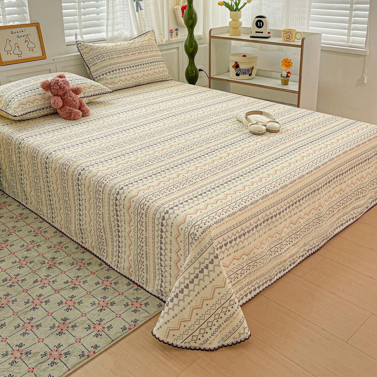 （总）纽缦家纺 2026新款舒适透气细沙卡通印花花边老粗布床单凉席席子