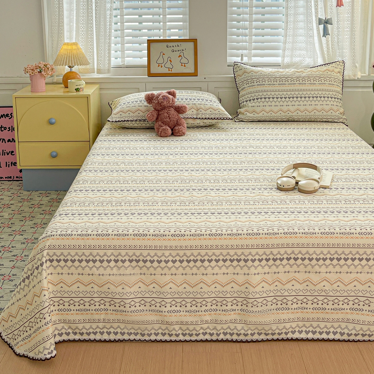 91家纺网 家纺一手货源 找家纺 （总）纽缦家纺 2026新款舒适透气细沙卡通印花花边老粗布床单凉席席子