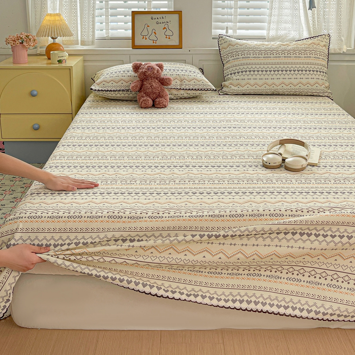 91家纺网 家纺一手货源 找家纺 （总）纽缦家纺 2026新款舒适透气细沙卡通印花花边老粗布床单凉席席子