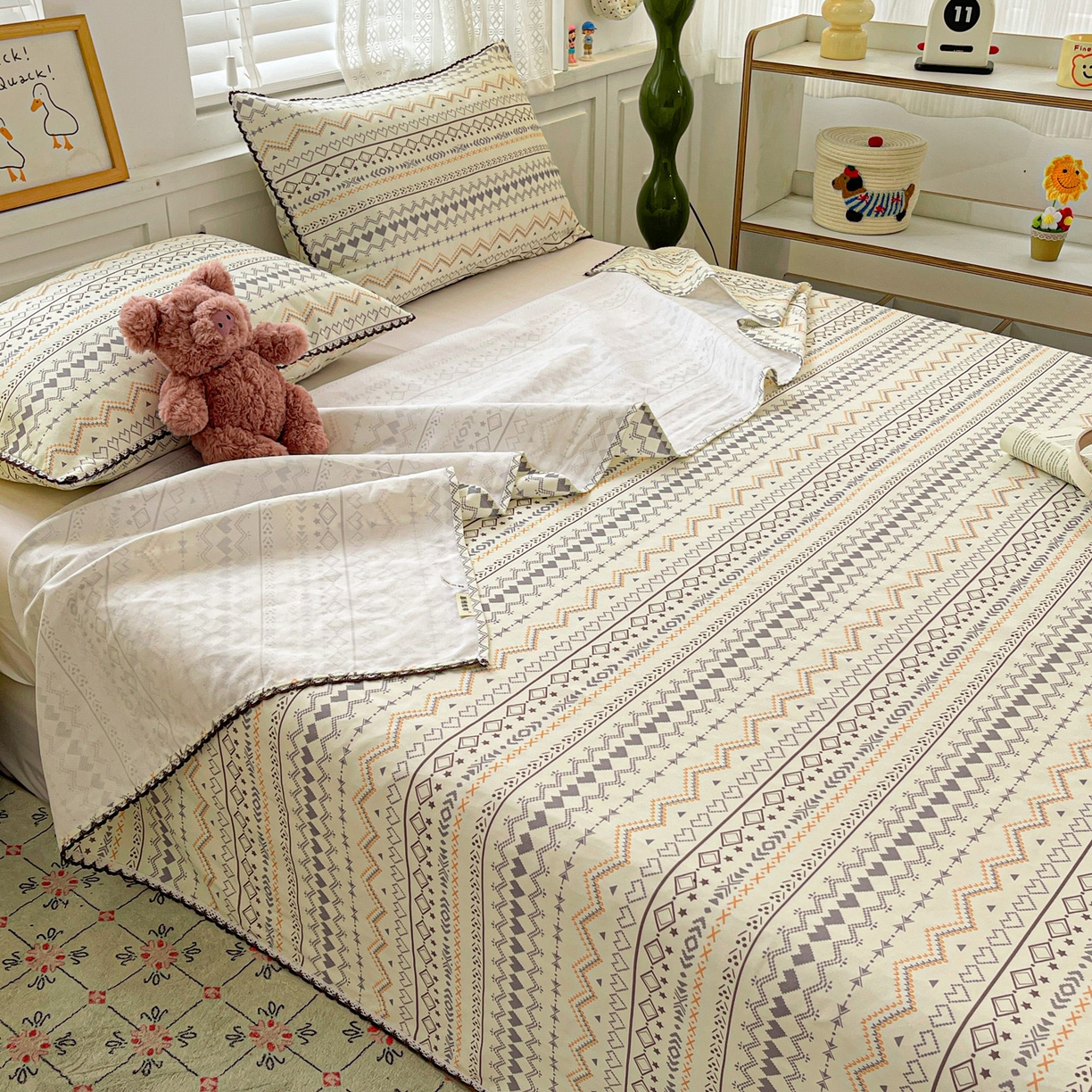 91家纺网 家纺一手货源 找家纺 （总）纽缦家纺 2026新款舒适透气细沙卡通印花花边老粗布床单凉席席子