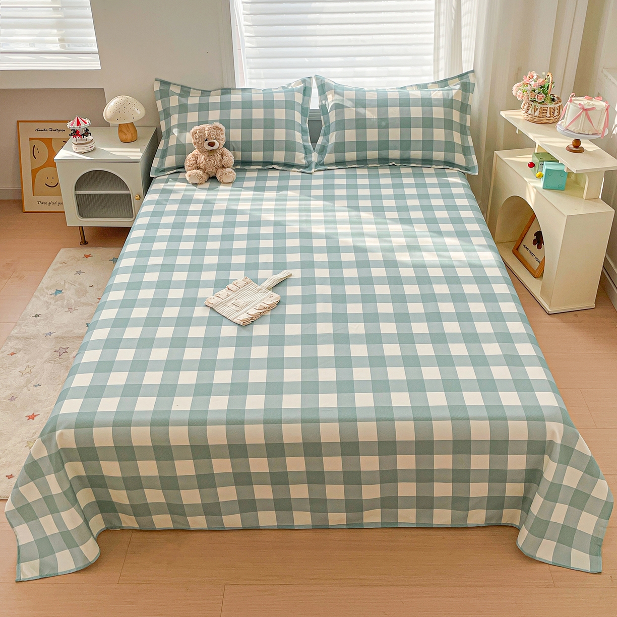 纽缦家纺 2026新款舒适透气细沙卡通印花老粗布床单凉席席子 格子世界-绿