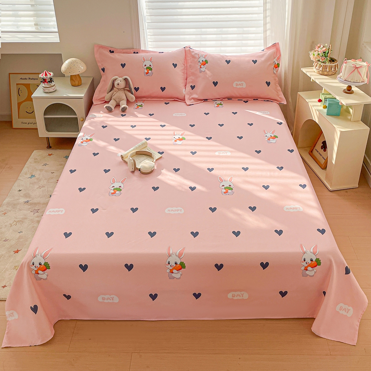 纽缦家纺 2026新款舒适透气细沙卡通印花老粗布床单凉席席子 胡萝卜兔-粉