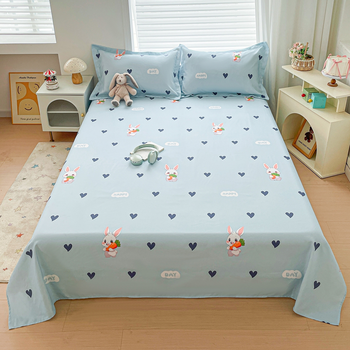 纽缦家纺 2026新款舒适透气细沙卡通印花老粗布床单凉席席子 胡萝卜兔-蓝