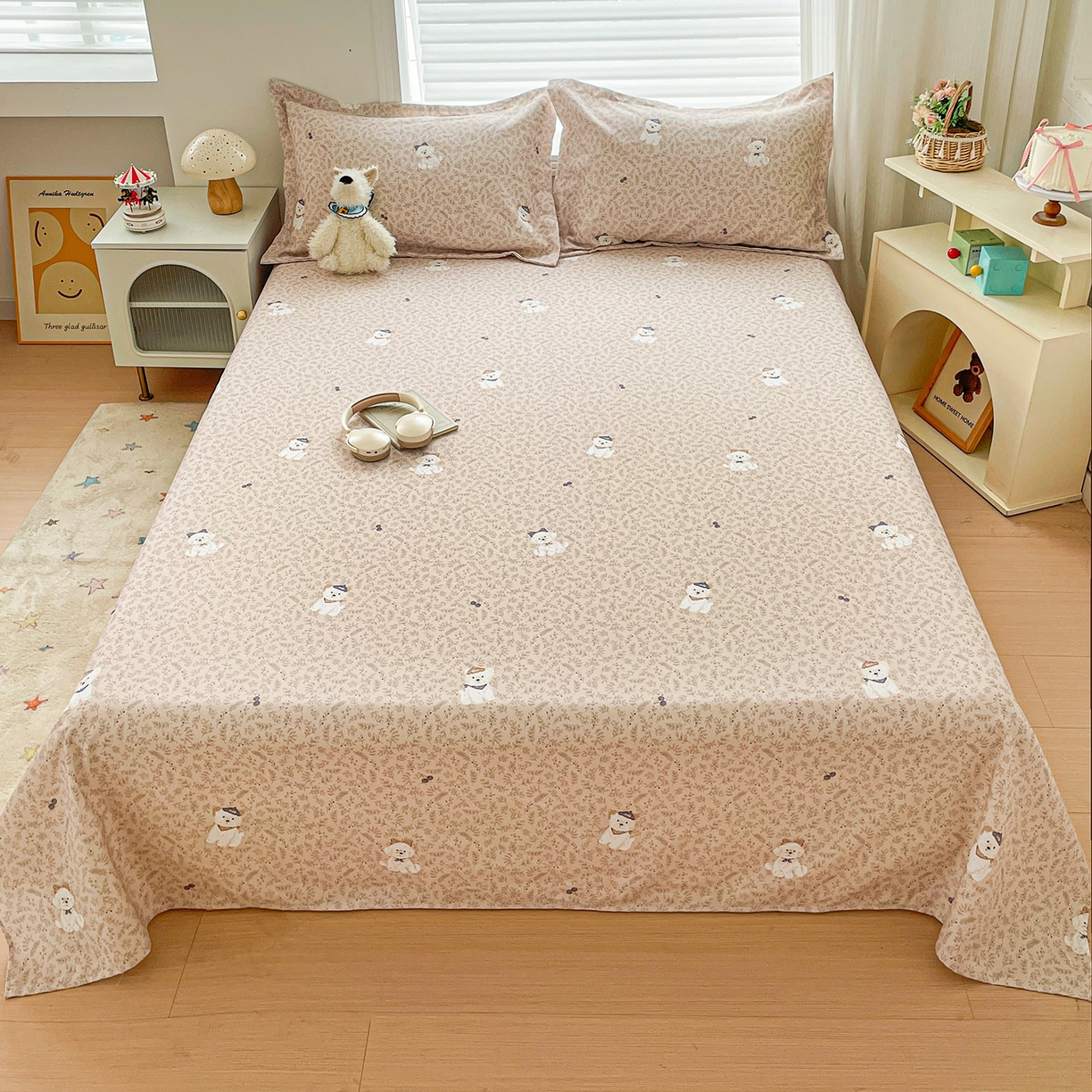 纽缦家纺 2026新款舒适透气细沙卡通印花老粗布床单凉席席子 花漾小狗-咖