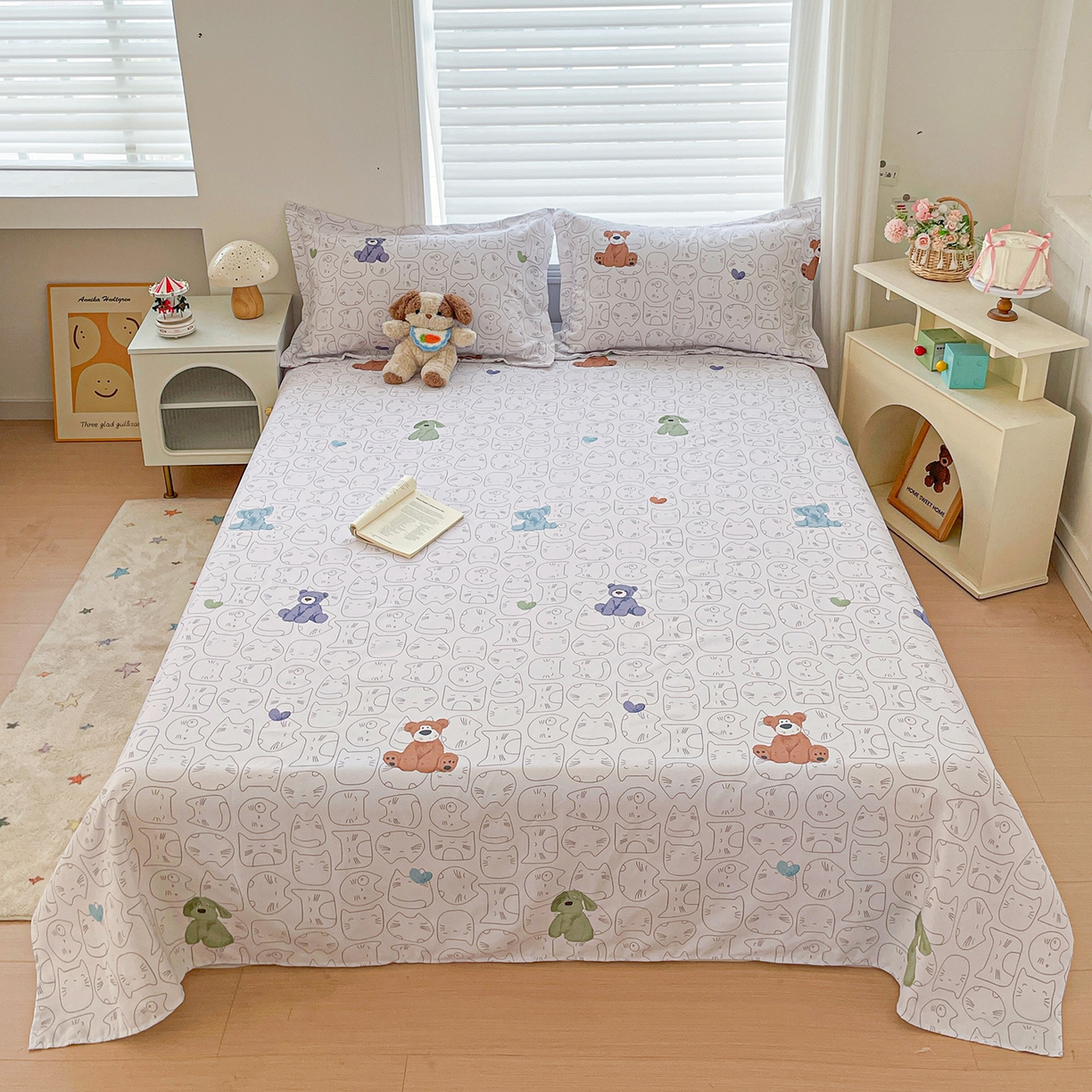 纽缦家纺 2026新款舒适透气细沙卡通印花老粗布床单凉席席子 卡洛熊-灰