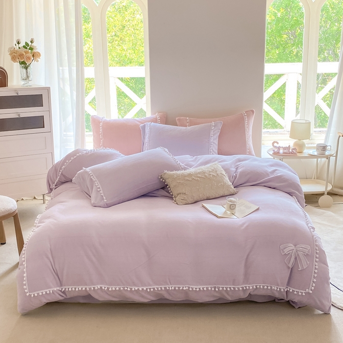 91家纺网 家纺一手货源 找家纺 七七家纺 2026新款亲肤舒适小毛球牛奶绒四件套 浅紫