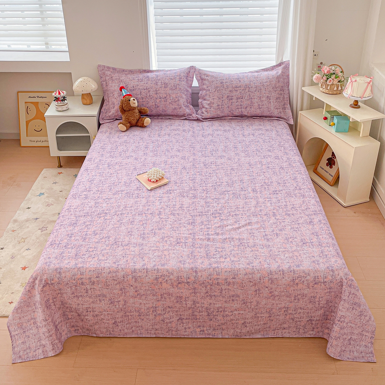 纽缦家纺 2026新款舒适透气细沙卡通印花老粗布床单凉席席子 洛文-紫